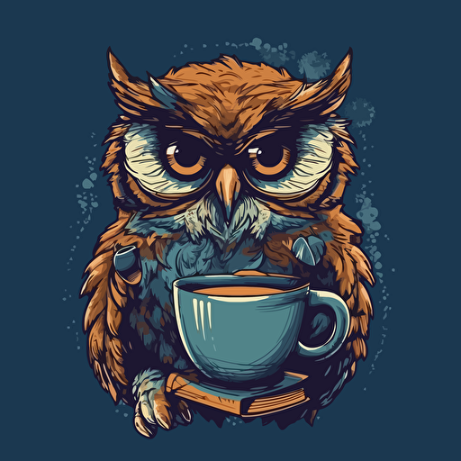 Funny Owl wearing glasses and drinking tea, illustration style, Minimalistic, illustration, vector, Sticker style