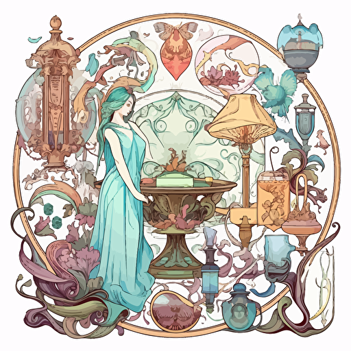 a collection of magical items, vector, clipart, white background, pastel shades, atmospheric, Alphonse Mucha style, artistic
