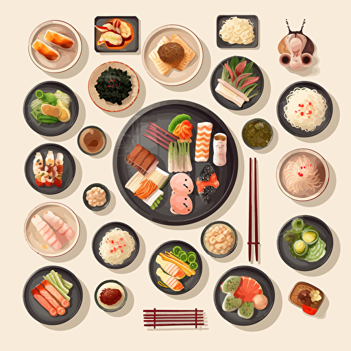 asian delicious foods 2d birdview element designs set, colorful, modern, 2d, stock vector, svg, ai, light color, high quality