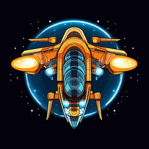 a space ship seen from above with two blasters, vector art, cartoon, background should be solid black