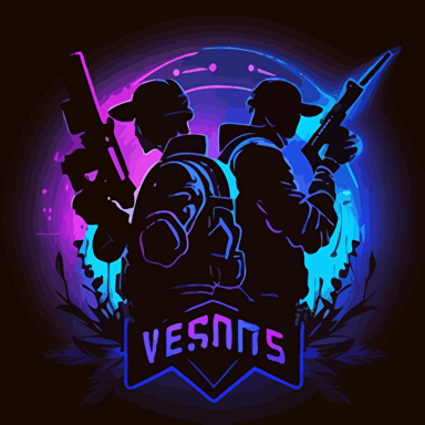 an emblem for an esports gaming tournament with two silhouettes of gamers, weapons, video games, neon, FPS, fortnite, among us, 1v1, youtube, twitch, mrbeast, silhouettes, flat, vector no photorealism, no faces