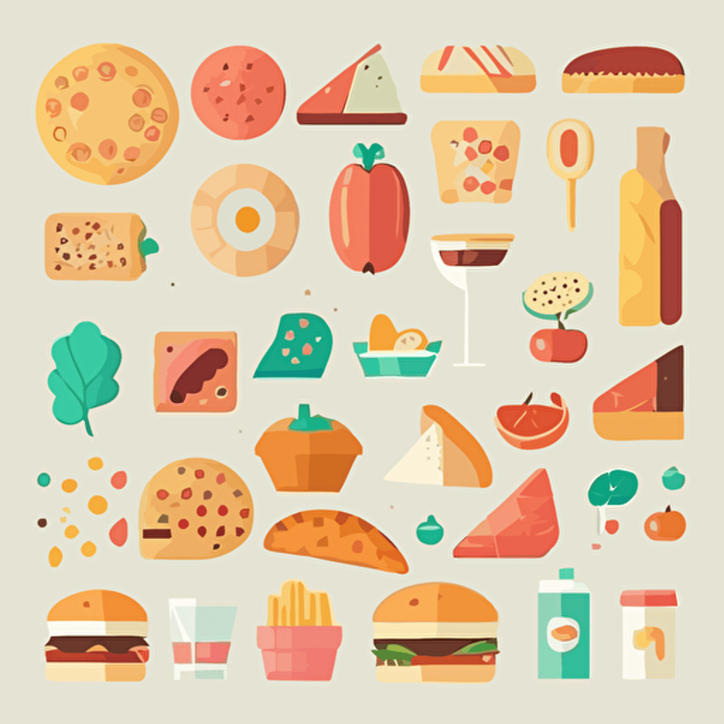 Vector art pack of tasty food items, simple, modern, flat colors, flat, vector art pack, organized in a grid, clean white background.