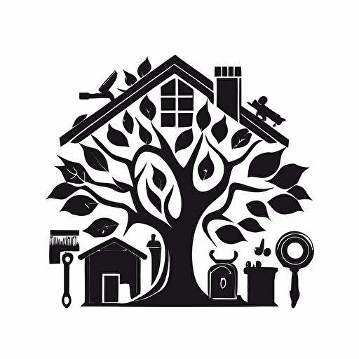 iconic logo of a house, tree, and tools, black vector, on white background.
