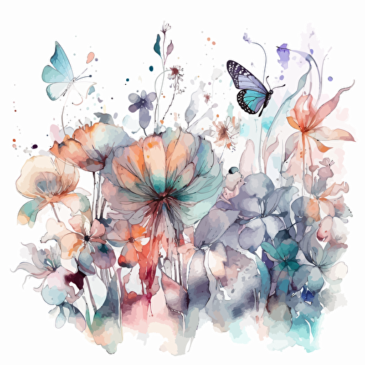 watercolor vector art. Pastel colors. Abstract. Flowers and plants. wings, butterflies, flowers, plants. Fantasy settings, dreamscapes. Majestic. Calming. White background.