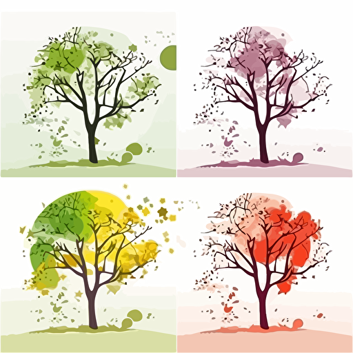 Vector set illustration of a tree in 4 seasons. Spring, summer, autumn, winter
