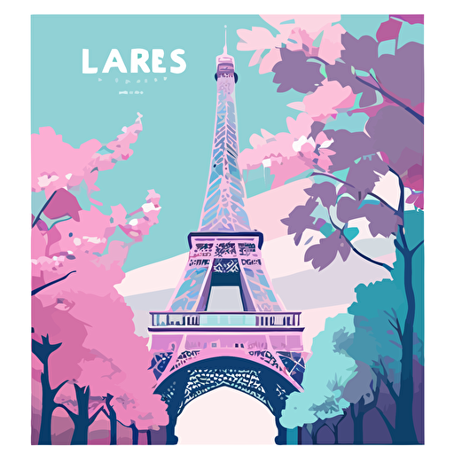 flat vector art illustration | travel poster featuring | Eiffel Tower Paris | pastel blues, pinks and purples | Wide Angle | ar 2:3