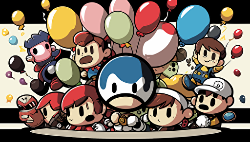 Super smash Bros with a birthday cake, with balloons, vector art, flat background