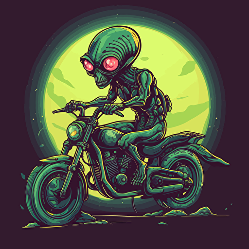 Roswell Alien riding a harley-davidson style motorcycle, vector art, flat vibrant separated colors,