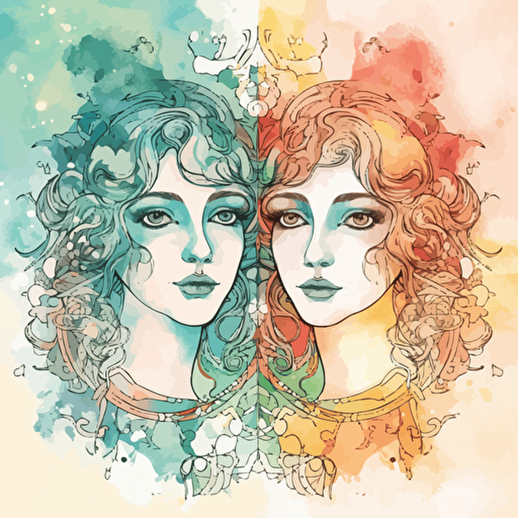 vector line drawing of gemini twins, with multicolor, watercolor background.