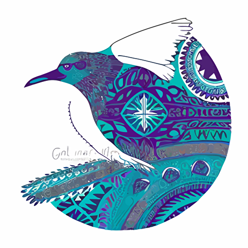 a white petrel covered in beautiful detailed aboriginal and Māori designs, in teal, purple and blues on a white background in a half circle. Vector style.