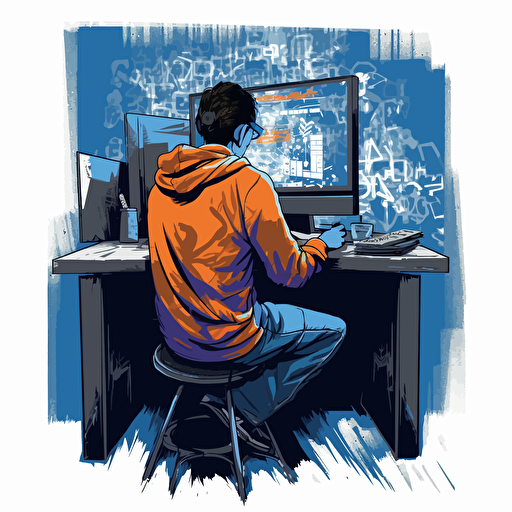 a vector image looking from behind a college teacher who is using a computer, blue and orange and dark gray, graffiti style