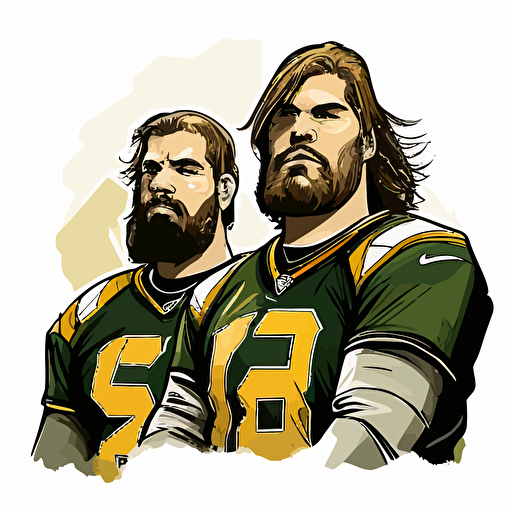two brothers, Brozen Tundra, looking tough,champions, wearing green and yellow, wearing an oblong brown football, sports logo style, white background, vector