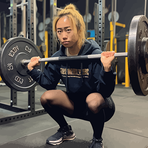 Mugi k-on wearing sbd gear squatting four plates olympic bar, jojo style, intense training 🥵