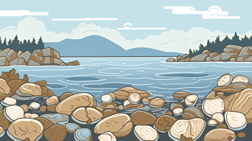 a vector design mostly blue and brown for a place called happy clam land showing happy clams on a maine bayfront rocky shoreline