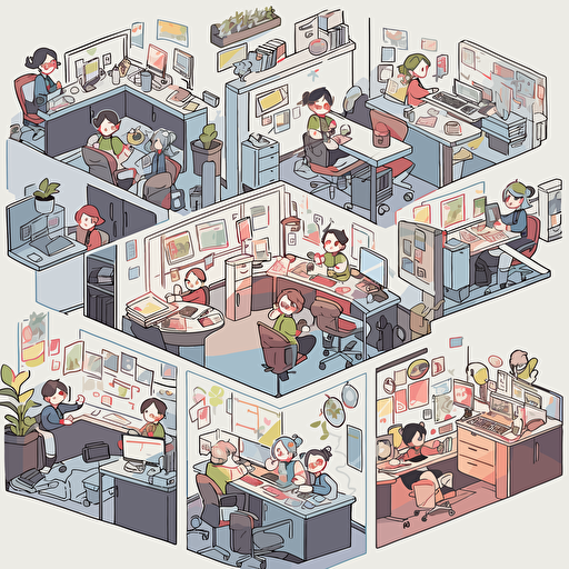 some employees that love their workspace, happy faces, vector illustration, colorful