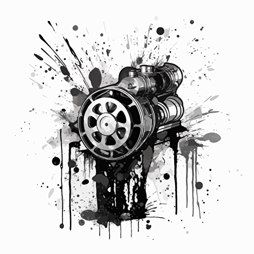 car engine piston with splattered ink behind it all black and white contour vector design with solid background