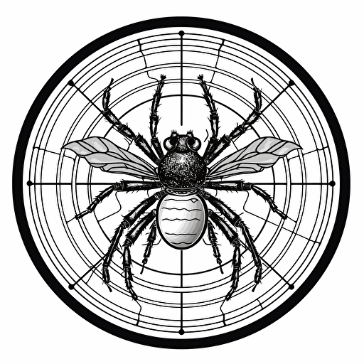 a logo image of an araneus spider on a tennis racket, black and white, vector, 2d