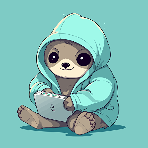 Cute simple vector image, of sloth holding in a hoodie, holding computer, cyan color scheme,