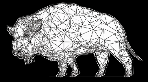 VISUAL STYLE: Line Drawing, GENRE: Company Logo, SUBJECT(S): Bison, Mesh Nodes, TIME PERIOD: Contemporary, COLOR: Black and White, ASPECT RATIO: 16:9, FORMAT: Vector Art, FRAME SIZE: 1080p, LENS SIZE: N/A, COMPOSITION: Bison in a leaping pose, with triangular mesh nodes covering its legs, centered on the frame, LIGHTING: N/A, LIGHTING TYPE: N/A, TIME OF DAY: N/A, ENVIRONMENT: N/A, LOCATION TYPE: N/A, SET: N/A, CAMERA: N/A, LENS: N/A, FILM STOCK / RESOLUTION: N/A, TAGS: Bison, Mesh Nodes, Leaping, Vector Art