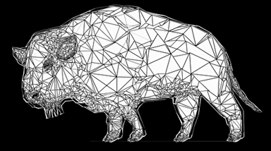 VISUAL STYLE: Line Drawing, GENRE: Company Logo, SUBJECT(S): Bison, Mesh Nodes, TIME PERIOD: Contemporary, COLOR: Black and White, ASPECT RATIO: 16:9, FORMAT: Vector Art, FRAME SIZE: 1080p, LENS SIZE: N/A, COMPOSITION: Bison in a leaping pose, with triangular mesh nodes covering its legs, centered on the frame, LIGHTING: N/A, LIGHTING TYPE: N/A, TIME OF DAY: N/A, ENVIRONMENT: N/A, LOCATION TYPE: N/A, SET: N/A, CAMERA: N/A, LENS: N/A, FILM STOCK / RESOLUTION: N/A, TAGS: Bison, Mesh Nodes, Leaping, Vector Art