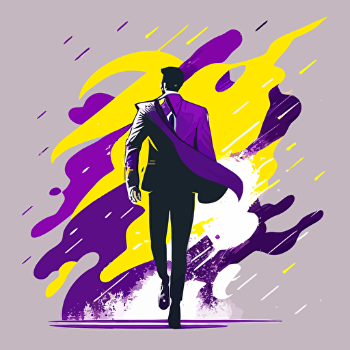 Modern, vector, illustration of heroic clever non-binary person following passion and business mission. In colors purple, yellow, gray and white.