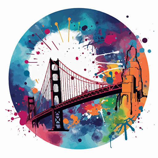 colorful vector art, fun, san francisco with galaxy in the background, inside a splatter of paint