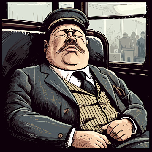 a chubby middle-aged train conductor has fallen fast asleep, snoring loudly with his mouth open, sitting, bushy mustache, balding, suit and tie, as a detailed vector image