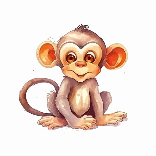 cute monkey, detailed, cartoon style, 2d watercolor clipart vector, creative and imaginative, hd, white background