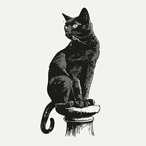 archer drawing style, hand drawn cartoon, black, cute female cat sitting on a pedestal, white background, vector, High definition