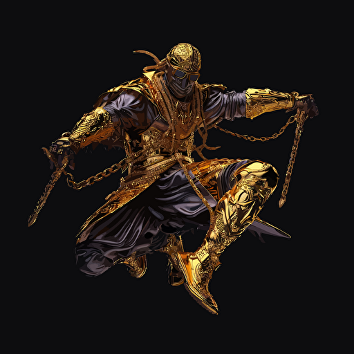 sword swinging samurai wearing gold hip hop jewelry and Jordan 1 shoes. Hyper details. Hdr. 16k. Uhd. Vector image. Drawing. Black background
