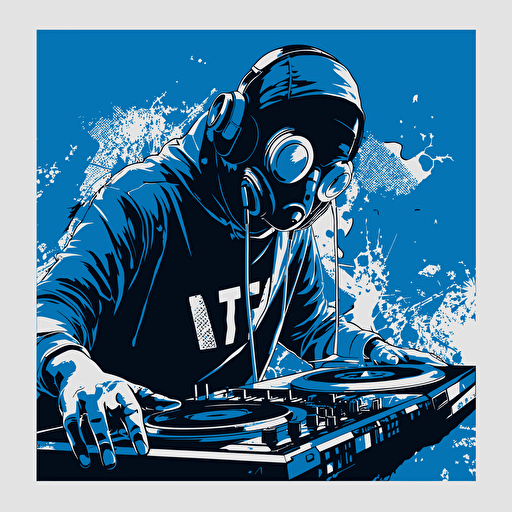 scratch dj with neon mask technics 1210 turntables and mixer, frank miller stencil, design, 2d, vector, white wall