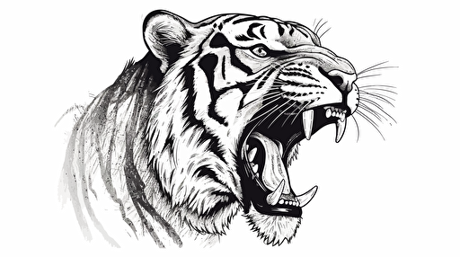 roaring bengal tiger maskot, minimalistic vector line drawing, black ink on white background