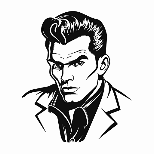 Rockabilly parody, looking at the camera, minimal, outline strokes only, black and white, logo, vector, white background