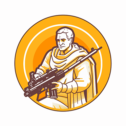 2D vector icon. Pope with a machine gun. Arsenal FC color theme. circle shape. White background