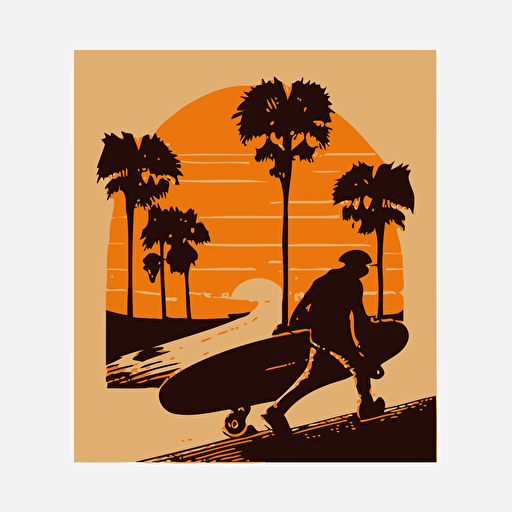 riding a cruiser skateboard down the California coast, vector art, minimal, palm trees, sunset
