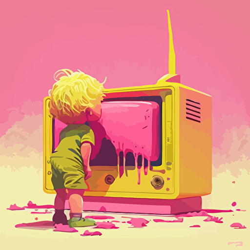 pink,yellow,vector,fantasy,young boy licking a TV