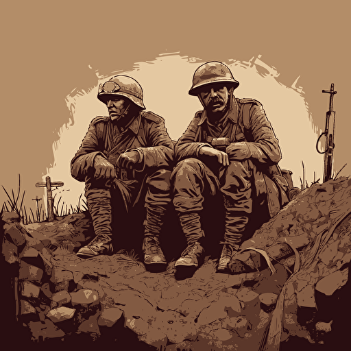 two sad soldiers world war I , looking down , holding their guns with bayonette, in the trenches with helmets, 16:9 format, illustration vectorial style, limited color palette