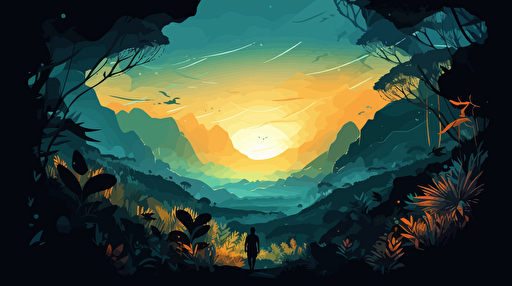 perspective of a someone who just landed on a foreign jungle planet with mountains, abstract and illuminated flora, slighly dark, vector illustration