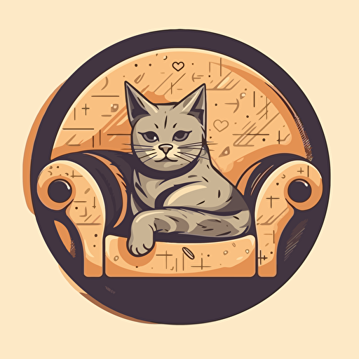 Cute kitten on sofa, circle logo, vector