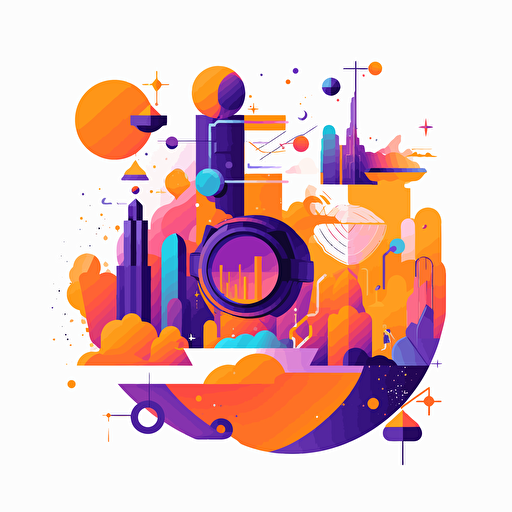 flat modern vector image of the concept of immersion, complemenatry colours, bright orange and purple, high resolution, white background, creative visualization, detailed