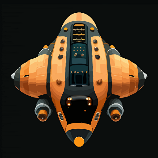 orange space ship on black background, top-down view, clean, simple, no shadows, vector