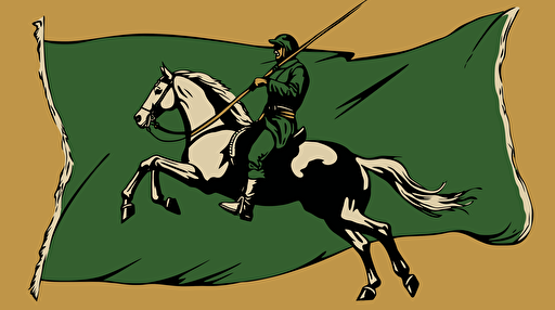lord of the rings style flag with galloping horse with soldier on horseback, simple vector EPS, soldier is pioneer with musket and rifle
