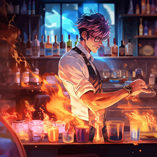 an anime extremely detail bartender guy with an amazing uniform very fashionable doing some drinks with fire, vibrant colors, hyper resolution vector fantasy ar v5 3:6