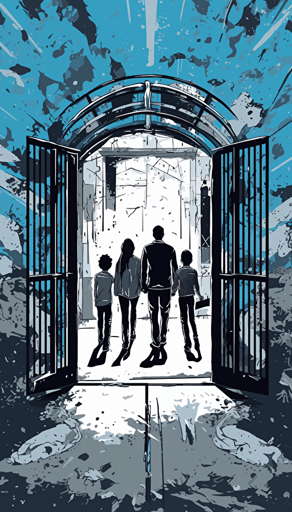 vector image of a family welcoming their father and husband leaving prison, heartfelt, blue and white and dark grey, graffiti style
