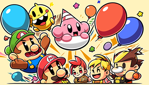 super smash bros charcters like Mario, Kirby, pikachu, donky kong, link, around a birthday cake, with balloons, vector art, flat background
