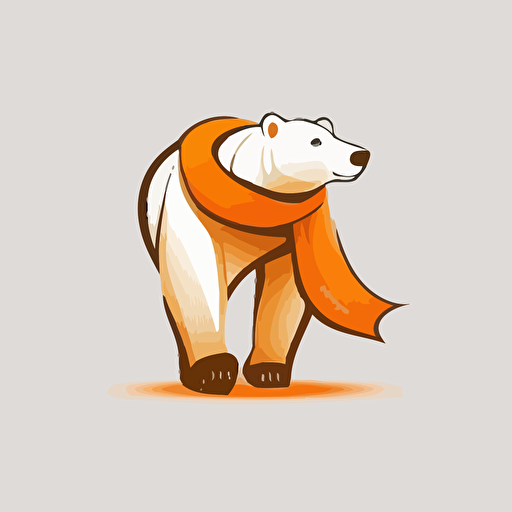 polar bear wearing orange scarf walking vector flat logo white background