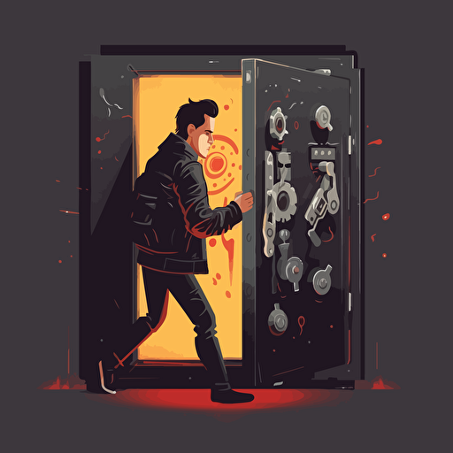 concept art, vector drawing, simple background, man in leather jacket cracking a safe