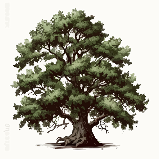 green old oak tree, vector, isolated on white, detailed