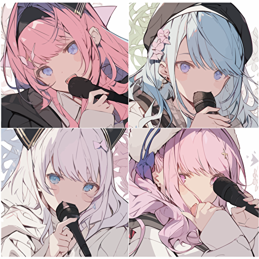 a group of 4 singers, cel shading, clear vector art, bright colors, light smiles, pastel colors