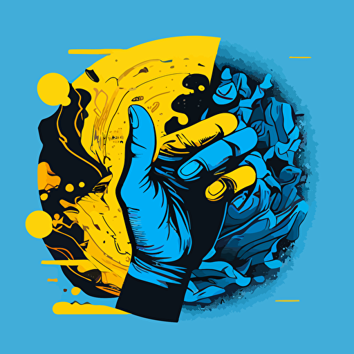 A vector illustration, of a hand in the same profile position as the creation of Adam, entering the digital world, only in blue, yellow and black tones, to create a dynamic composition that focuses on the division of the real and the virtual.